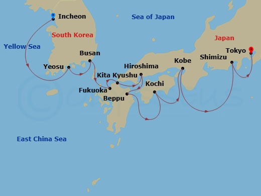 Route map: Japan & South Korea