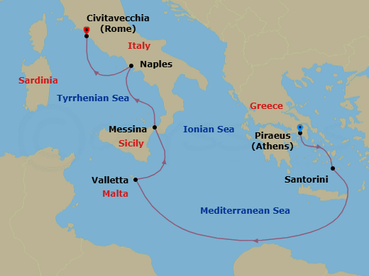 Route map &mdash; Piraeus (Athens) to Civitavecchia (Rome)