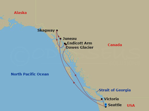 Alaska Adventure Cruise route map &mdash; roundtrip Seattle aboard Voyager of the Seas