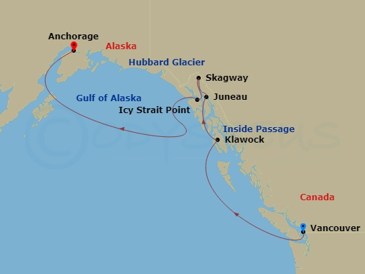Route map: Alaska Glaciers & Wildlife &mdash; Vancouver to Whittier
