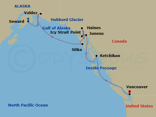 Route map for the Alaska and Inside Passage voyage, sailing from Seward, Alaska to Vancouver, British Columbia.