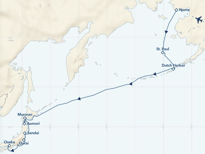 Route map &mdash; Alaska to Japan: Ring of Fire to Ainu Culture