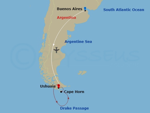 Route map for the Antarctic Explorer voyage, sailing from Buenos Aires, Argentina to Ushuaia, Argentina and the Antarctic Peninsula.