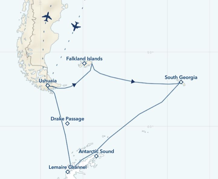 Route map &mdash; Antarctica, South Georgia and the Falklands