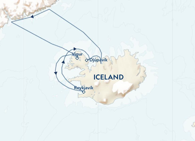 Route map &mdash; Arctic Edges: Iceland Westfjords to East Greenland