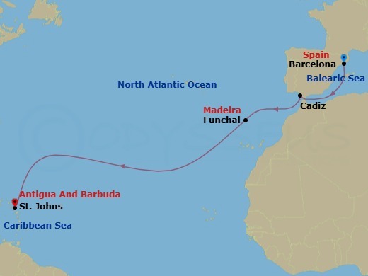 Route map &mdash; Barcelona to St. John's (Antigua)
