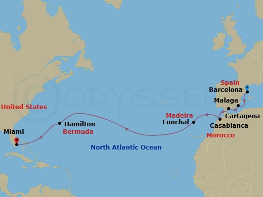 Route map: Atlantic Ocean Zephyr &mdash; Barcelona to Miami