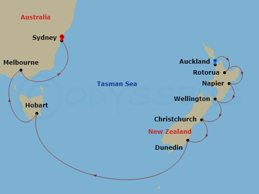 Route map for the Australia & New Zealand ocean voyage, sailing from Sydney, Australia to Auckland, New Zealand.