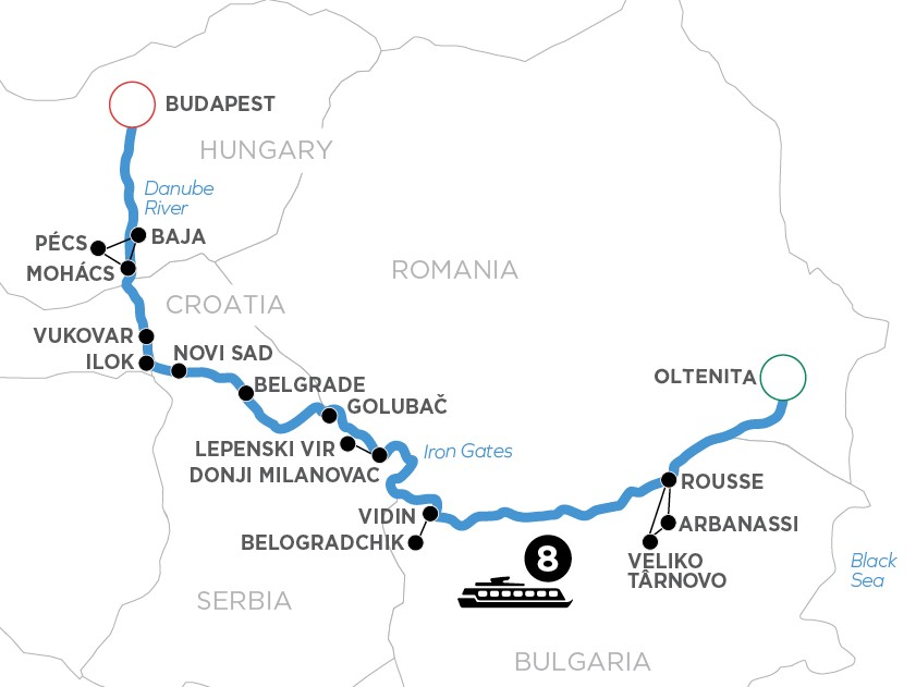 The Danube from Romania to Budapest itinerary map