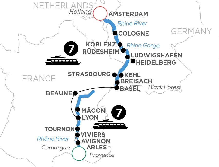 Rhine and Rhone Revealed itinerary map