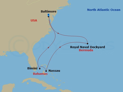 Bermuda and Bahamas route map &mdash; roundtrip Baltimore aboard Vision of the Seas