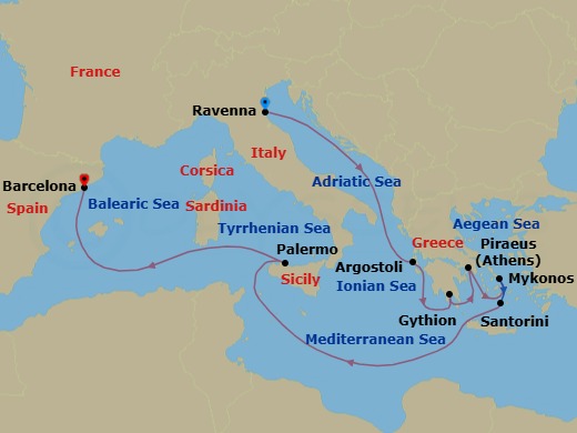 Route map: Breathtaking Greek Isles — Ravenna to Barcelona