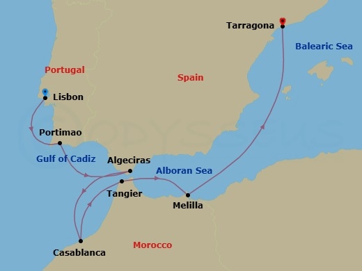 Route map: Cinematic Shores &mdash; Lisbon to Barcelona