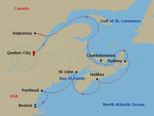 Route map for the Classic Canada & New England voyage, Boston to Quebec City.