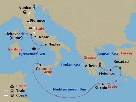 Route map for the Classic Italy Cruisetour, Venice to Athens.