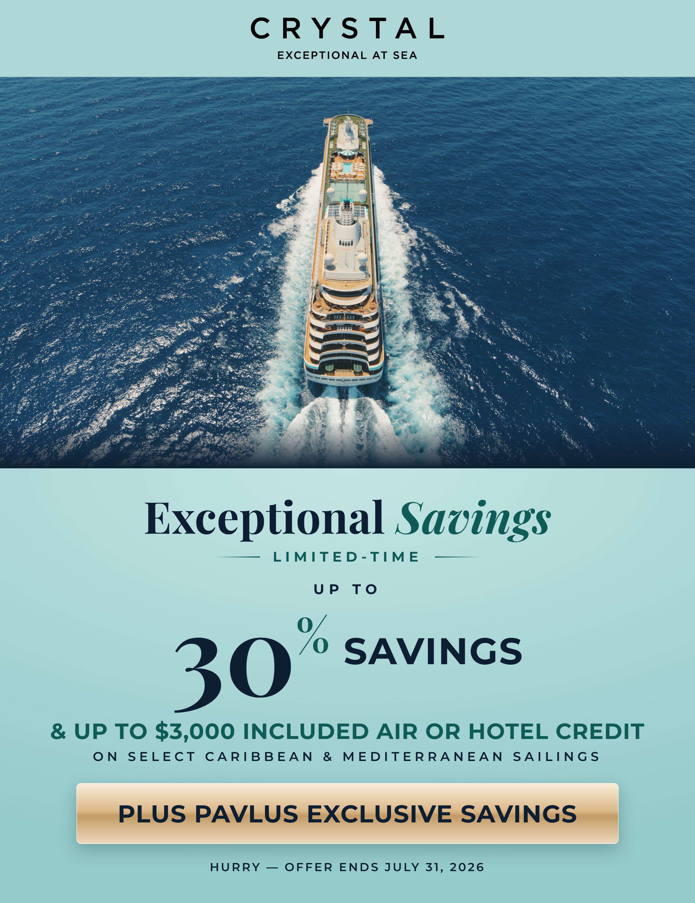 Crystal &mdash; Caribbean Included Air + More in the Med &mdash; Air Allowance Up to $3,000 & Hotel Stays Up to $2,000 &mdash; Book by July 31, 2026