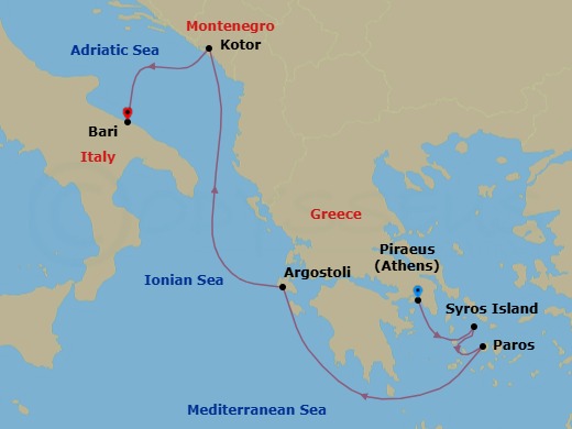 Route map &mdash; Piraeus (Athens) to Bari