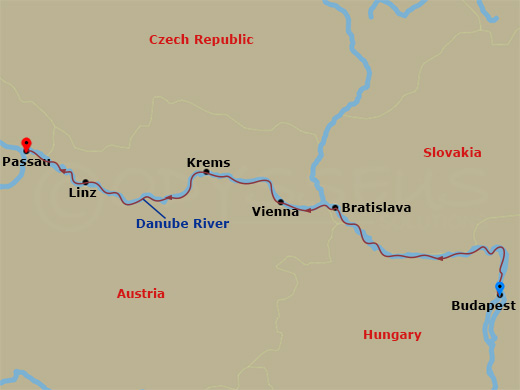 Route map for the Danube Waltz river voyage, sailing from Budapest, Hungary to Passau, Germany.