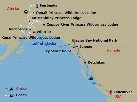 Route map for the Denali Escorted Cruisetour, Fairbanks to Vancouver.