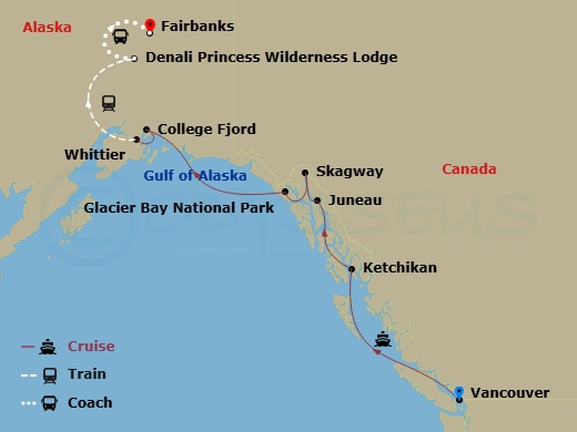 Route map for the Denali Explorer Cruisetour, Vancouver to Anchorage.