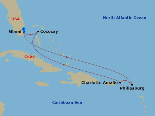 Eastern Caribbean and Perfect Day route map &mdash; roundtrip Miami aboard Icon of the Seas