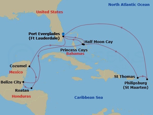 Route map for the Eastern & Western Caribbean Adventurer with Celebration Key voyage, Roundtrip Fort Lauderdale.
