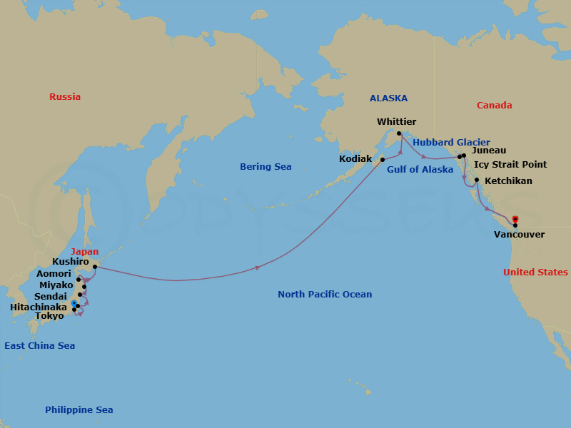 Route map: Epic Pacific Passage — Tokyo to Vancouver