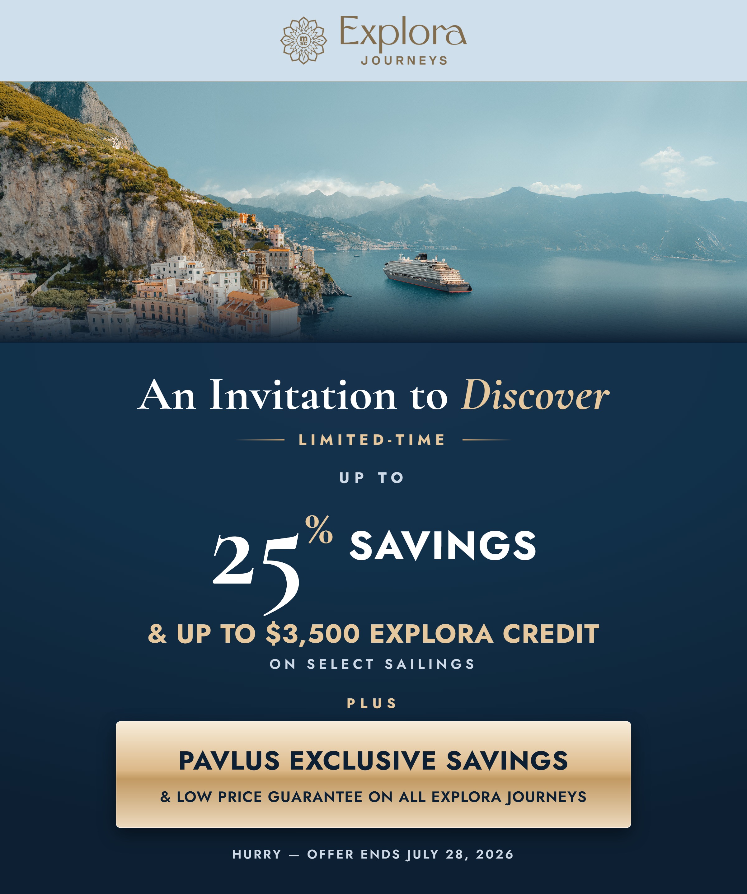 Explora Journeys &mdash; An Invitation to Discover &mdash; Save Up to 25% + Up to $3,500 Explora Credit