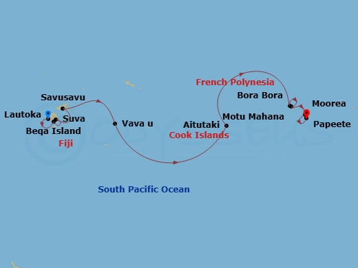 Fiji, Tonga, Cook Islands & Society Islands route map