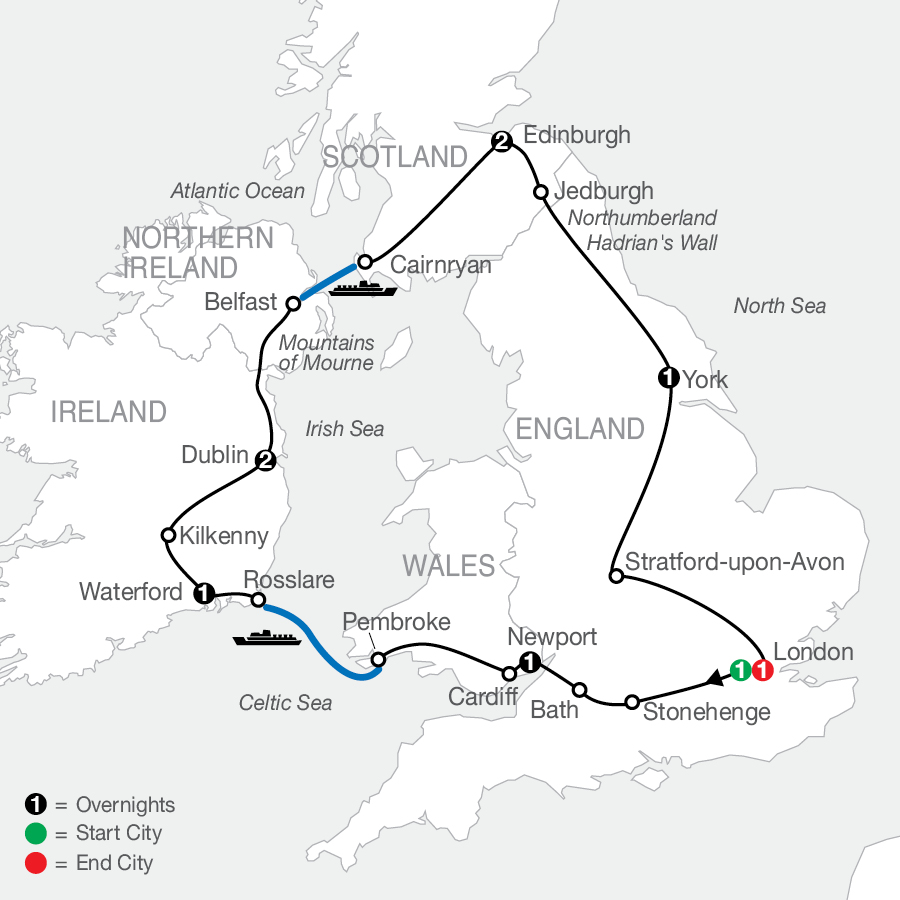 Essential Britain and Ireland tour map