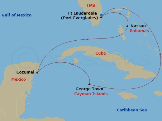 Grand Cayman, Mexico & Bahamas route map