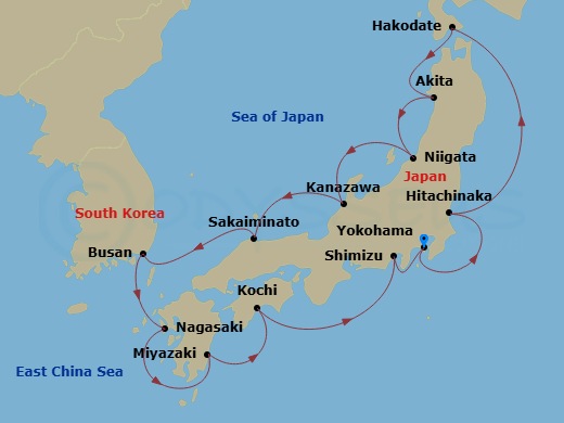 Route map for the Grand Circle Japan with Fall Foliage voyage, roundtrip from Tokyo (Yokohama).