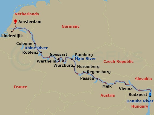 Route map for the Grand European Tour river voyage, sailing from Budapest, Hungary to Amsterdam, Netherlands on the Rhine, Main and Danube.