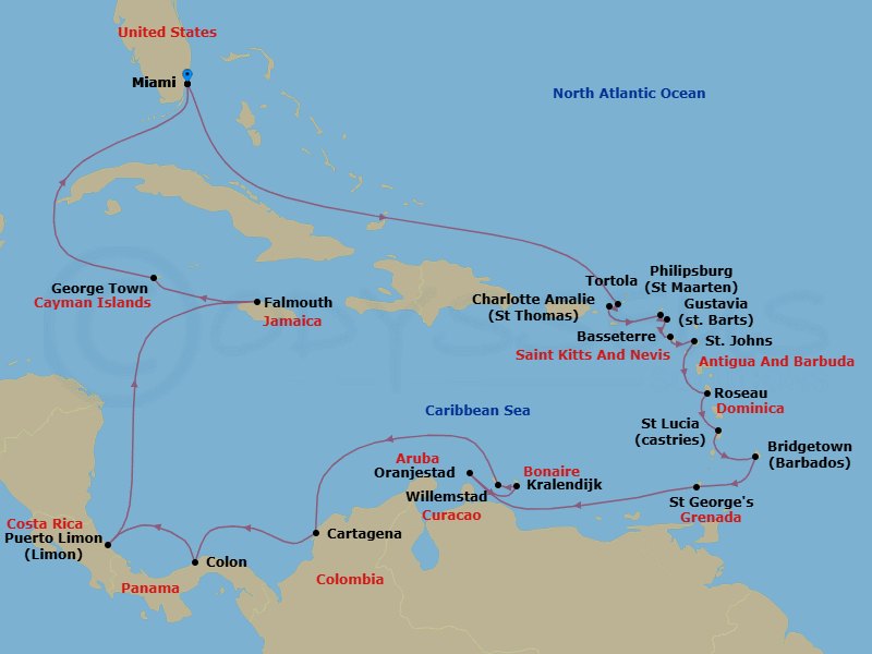 Route map: Grand Holiday Caribbean &mdash; Roundtrip Miami