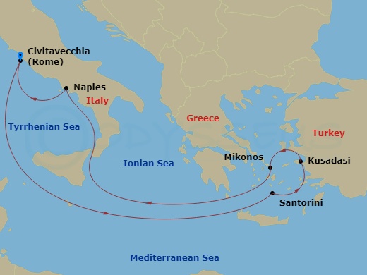Greek Isles route map &mdash; roundtrip Rome aboard Odyssey of the Seas