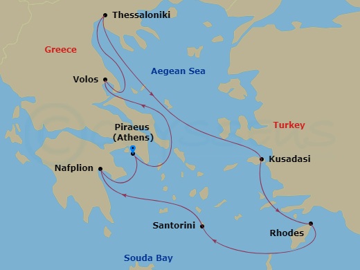 Route map for the Greek Odyssey ocean voyage, sailing roundtrip from Athens (Piraeus), Greece.