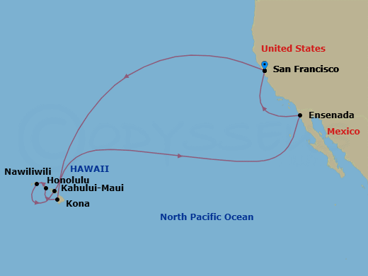 Route map for the Hawaiian Islands voyage, Roundtrip San Francisco.