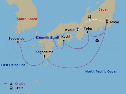 Route map for the Highlights of Japan Cruisetour, Kyoto to Tokyo.