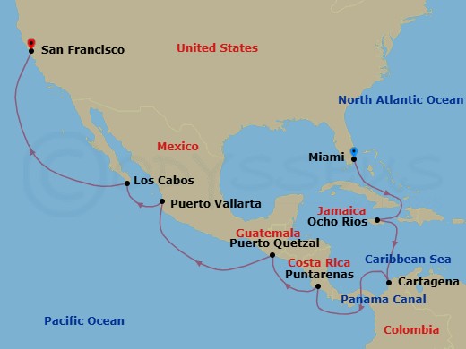 Route map: Holiday in Panama &mdash; Miami to San Francisco