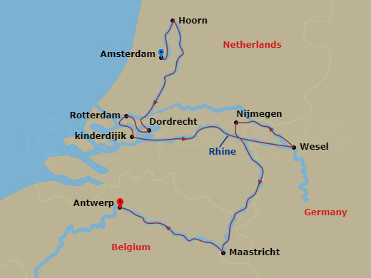 Route map for the Holland and Belgium river voyage, sailing from Amsterdam, Netherlands to Antwerp, Belgium.