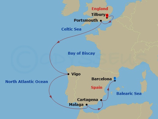 Route map for the Iberian Explorer ocean voyage, sailing from Barcelona, Spain to London (Tilbury), England.