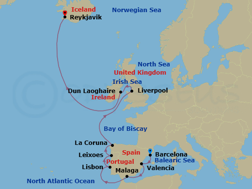 Route map for the Malta, Morocco & the Mediterranean ocean voyage, sailing roundtrip from Barcelona, Spain.