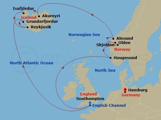 Route map for the Iceland & Norway voyage, Roundtrip Southampton (London).