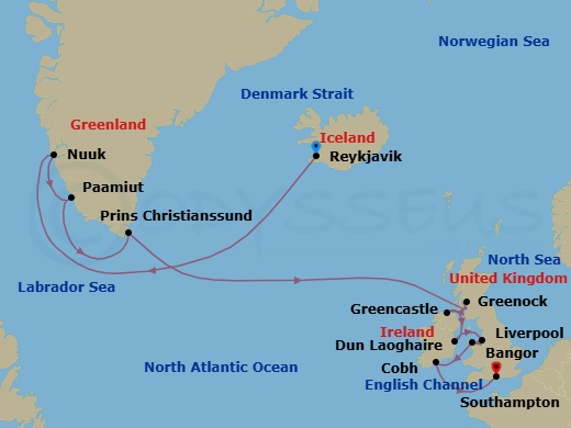 Route map: Iceland and the Isles Odyssey &mdash; Reykjavik to London