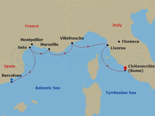 Route map for the Iconic Western Mediterranean voyage, sailing from Barcelona, Spain to Rome, Italy along the French Riviera and Tuscan coast.