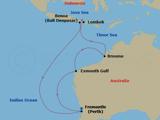 Route map for the Indonesia voyage, roundtrip from Perth (Fremantle).