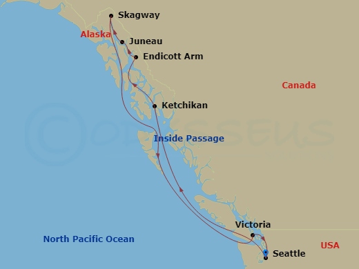 Route map for the Inside Passage voyage, roundtrip from Seattle.