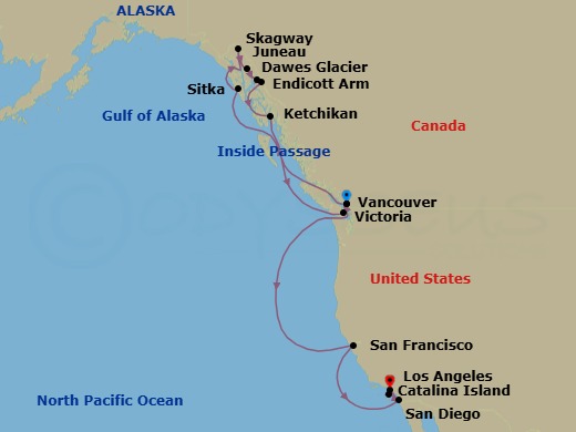 Route map for the Inside Passage and Pacific Wine Country voyage, Vancouver to Los Angeles.