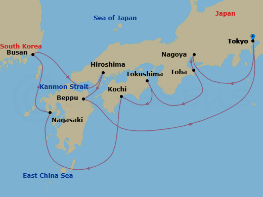 Route map for the Japan Explorer Cherry Blossoms voyage, roundtrip from Tokyo.