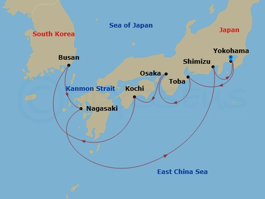 Route map for the Japan Explorer voyage, roundtrip from Tokyo (Yokohama).